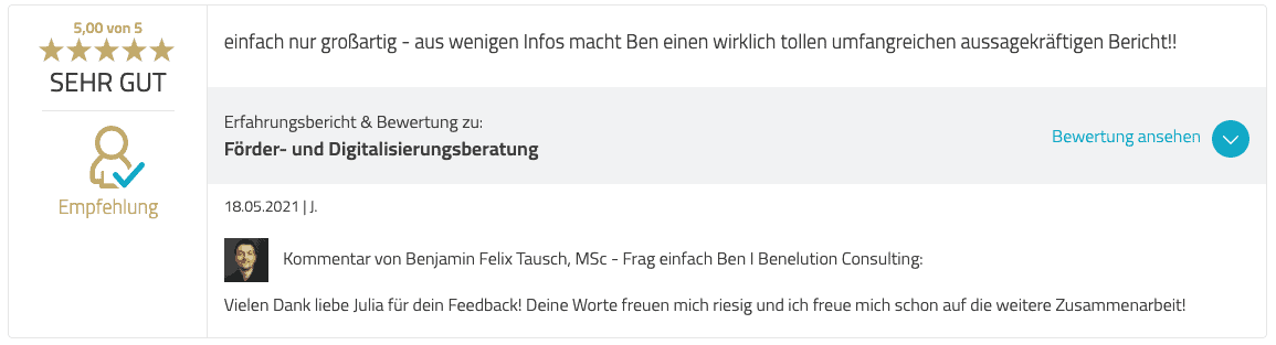 Benelution.com - 5 Sterne Bewertung für Förderberatung