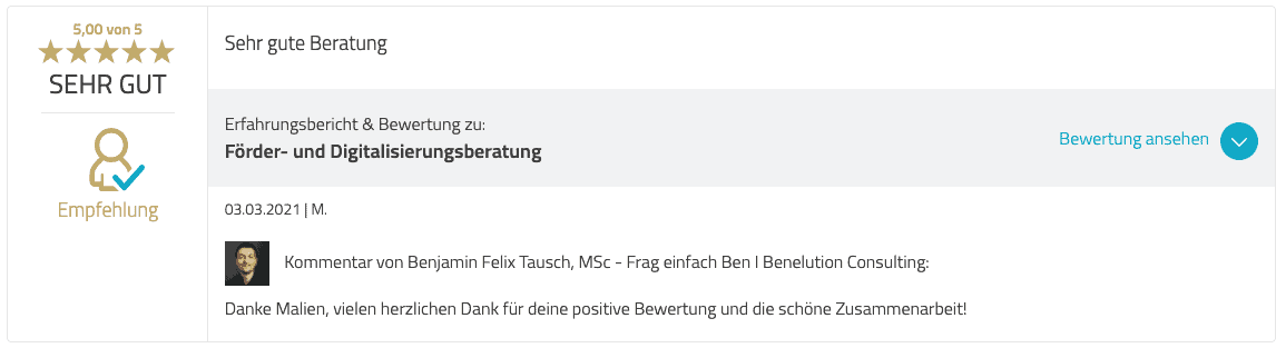 Benelution.com - 5 Sterne Bewertung für Förderberatung