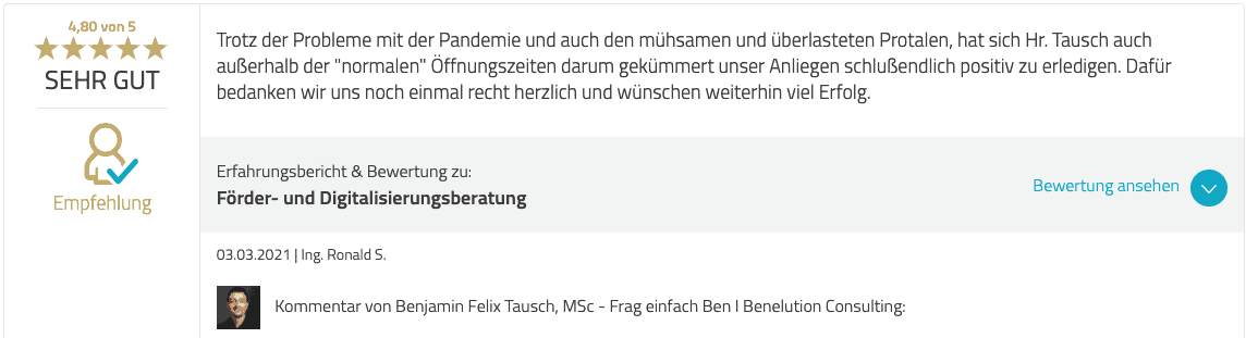 Benelution.com - 5 Sterne Bewertung für Förderberatung