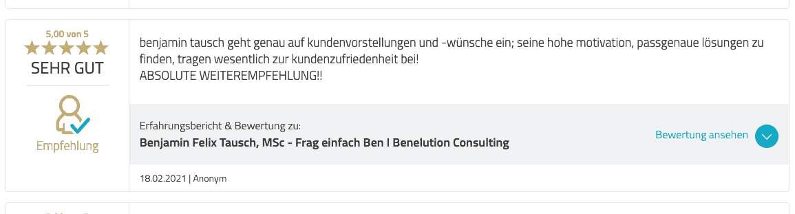 Benelution.com - 5 Sterne Bewertung für Förderberatung