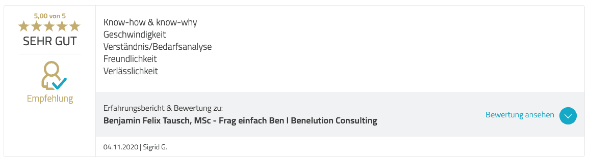 Benelution.com - 5 Sterne Bewertung für Förderberatung - Sigrid