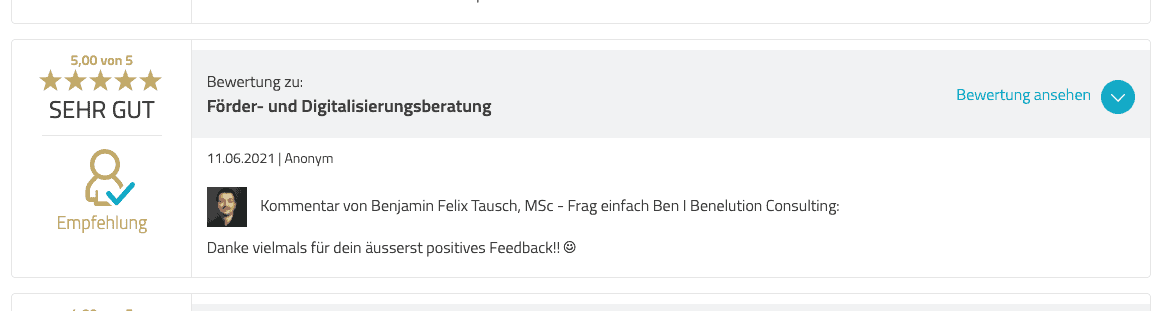 Benelution.com - 5 Sterne Bewertung für Förderberatung