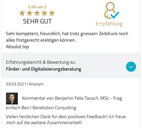 Benelution.com - 5 Sterne Bewertung für Förderberatung