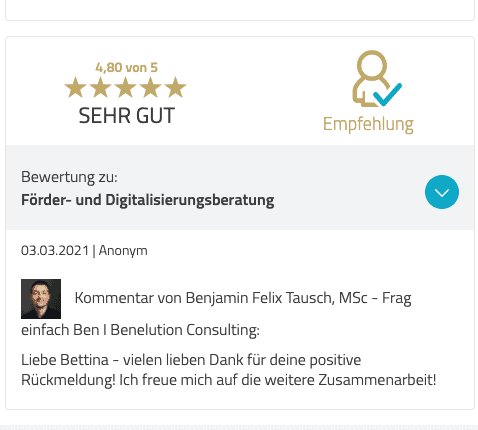 Benelution.com - 5 Sterne Bewertung für Förderberatung